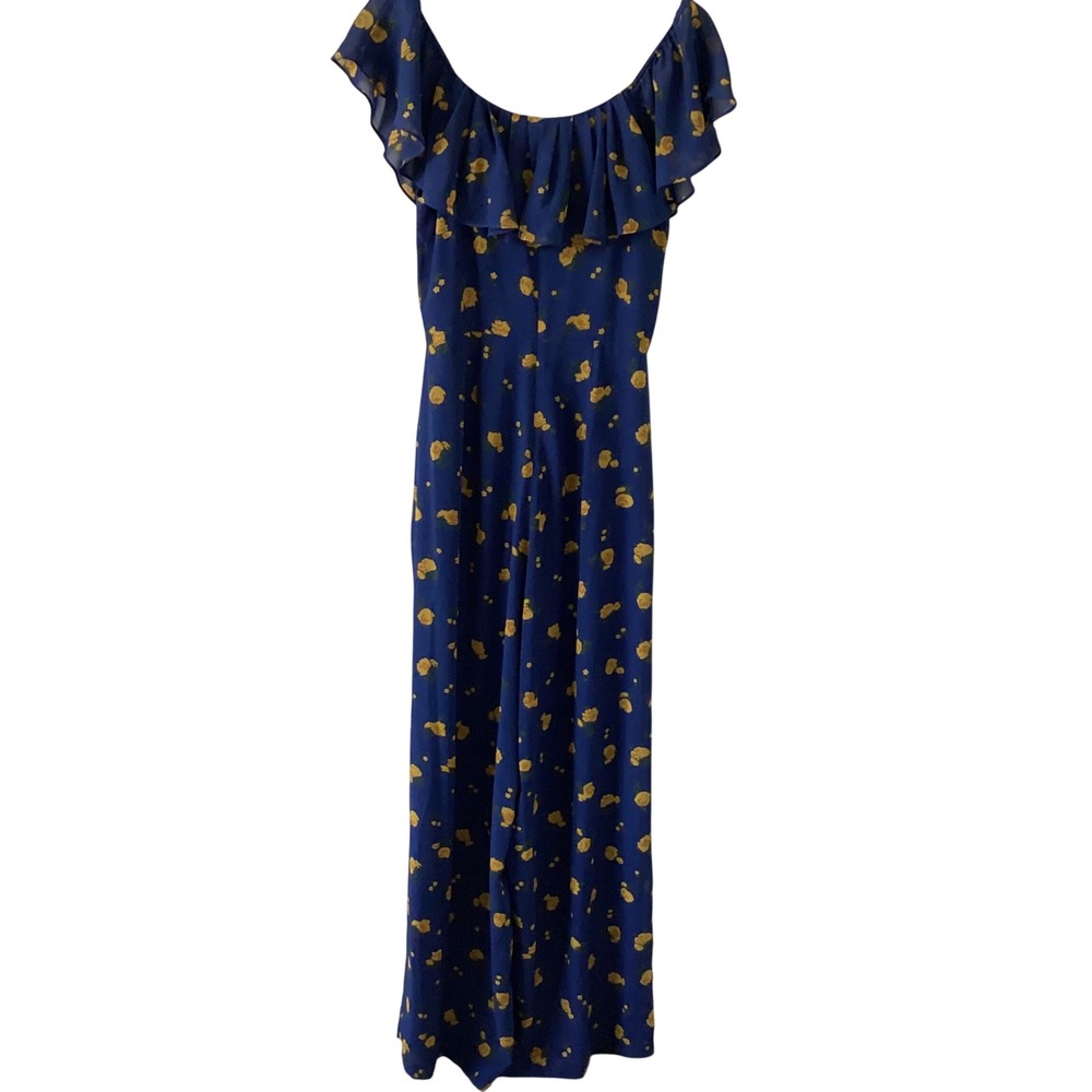 Betsey Johnson Blue Yellow Floral Wide‎ Leg Jumpsuit Ruffle Off Shoulder Size 6 - Picture 10 of 12